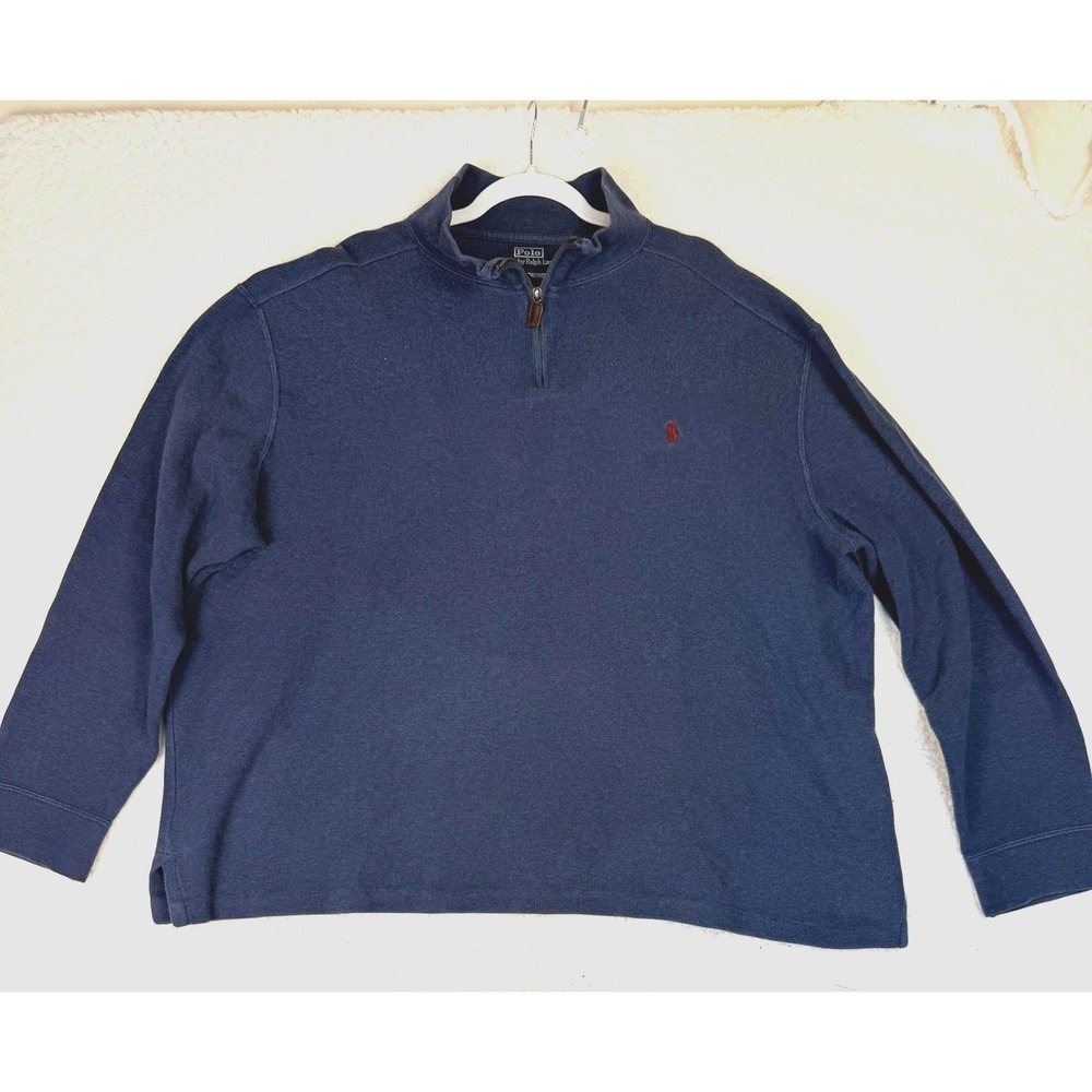 Polo Ralph Lauren Sweater Mens 2XL Blue Quarter Zip Mock Neck Red Pony Cotton